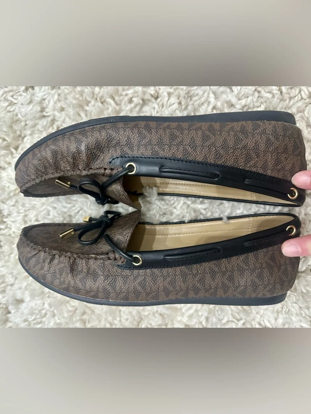 Michael Kors Sutton Brown Monogram Logo Moccasin Loafers with Black Trim 8.5